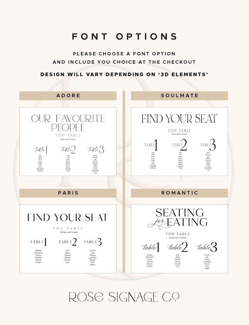 May include: A wedding seating chart with four font options: Adore, Soulmate, Paris, and Romantic. Each option displays table settings with names. The text includes "Font Options," "Please choose a font option," and "Rose Signage Co."