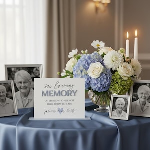 May include: A white rectangular sign with the black and blue text "in loving MEMORY OF THOSE WHO ARE NOT HERE TODAY BUT ARE forever in our hearts" with a small blue heart, surrounded by three silver photo frames and a floral arrangement.