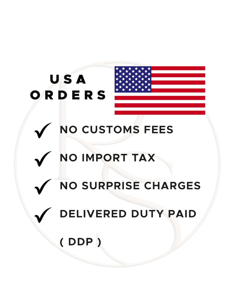 May include: White background with the text "USA ORDERS" and an American flag. The text highlights "NO CUSTOMS FEES", "NO IMPORT TAX", "NO SURPRISE CHARGES", and "DELIVERED DUTY PAID (DDP)", all with checkmarks.