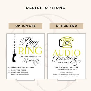 Puede incluir: Dos opciones de dise&ntilde;o para un libro de visitas de audio de boda. La opci&oacute;n uno presenta un auricular de tel&eacute;fono negro con el texto "Ring Ring" e instrucciones. La opci&oacute;n dos muestra un tel&eacute;fono amarillo con las palabras "Audio Guestbook" e instrucciones.