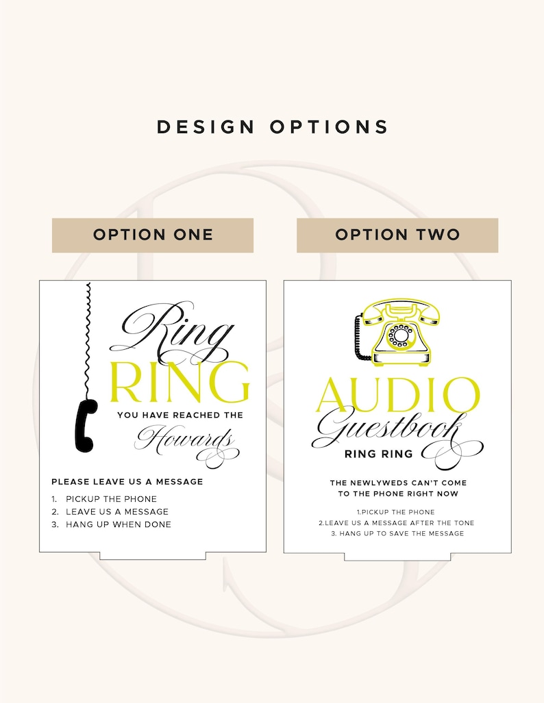 Puede incluir: Dos opciones de dise&ntilde;o para un libro de visitas de audio de boda. La opci&oacute;n uno presenta un auricular de tel&eacute;fono negro con el texto "Ring Ring" e instrucciones. La opci&oacute;n dos muestra un tel&eacute;fono amarillo con las palabras "Audio Guestbook" e instrucciones.