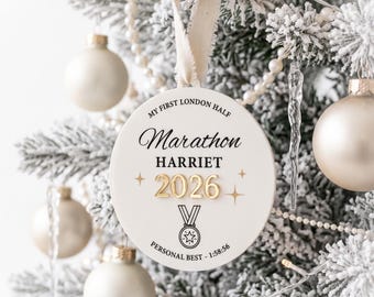 Kerstbal met de tekst 'Mijn eerste marathon' | Gepersonaliseerde medaille-ornament | Marathon, halve marathon, 10 km, resultaten | Kerstcadeau voor hardlopers