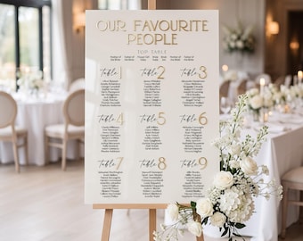 Könnte beinhalten: Ein weißer, rechteckiger Sitzplan für eine Hochzeit auf einer Holzstaffelei mit dem goldenen Schriftzug "OUR FAVOURITE PEOPLE" oben. Das Schild listet Gäste für neun Tische und einen Ehrentisch auf und ist mit weißen Rosen und Grün geschmückt.