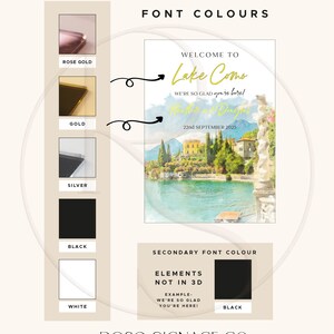 May include: A wedding welcome sign featuring a watercolor illustration of Lake Como with the text Welcome to Lake Como, We're so glad you're here, Heather and Douglas, 22nd September 2025. Includes a color palette chart showing rose gold, gold, silver, black, and white options.