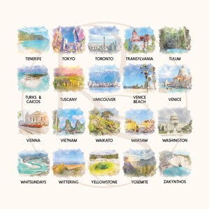 May include: A grid of twenty watercolor illustrations depicting global travel destinations including Tenerife, Tokyo, Toronto, Transylvania, Tulum, Turks & Caicos, Tuscany, Vancouver, Venice Beach, Venice, Vienna, Vietnam, Waikato, Warsaw, Washington, Whitsundays, Wittering, Yellowstone, Yosemite, and Zakynthos.