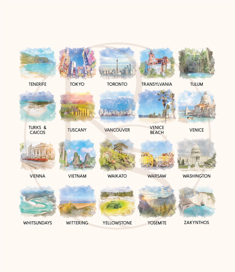 May include: A grid of twenty watercolor illustrations depicting global travel destinations including Tenerife, Tokyo, Toronto, Transylvania, Tulum, Turks & Caicos, Tuscany, Vancouver, Venice Beach, Venice, Vienna, Vietnam, Waikato, Warsaw, Washington, Whitsundays, Wittering, Yellowstone, Yosemite, and Zakynthos.
