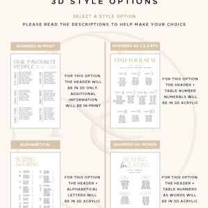 May include: A wedding seating chart with four style options: Numbers in Print, Numbers as 1,2,3, Alphabetical, and Numbers as Words. Each option includes text describing the style. The text "3D STYLE OPTIONS" is at the top.
