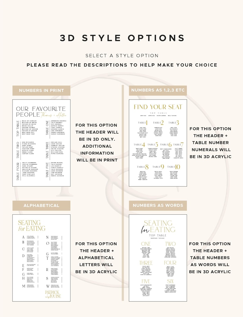 May include: A wedding seating chart with four style options: Numbers in Print, Numbers as 1,2,3, Alphabetical, and Numbers as Words. Each option includes text describing the style. The text "3D STYLE OPTIONS" is at the top.