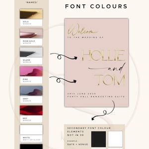 May include: A wedding sign with the words "Welcome to the wedding of Hollie and Tom" in gold lettering. The sign also includes the date, June 29th, 2025, and the venue. Color swatches show font options.