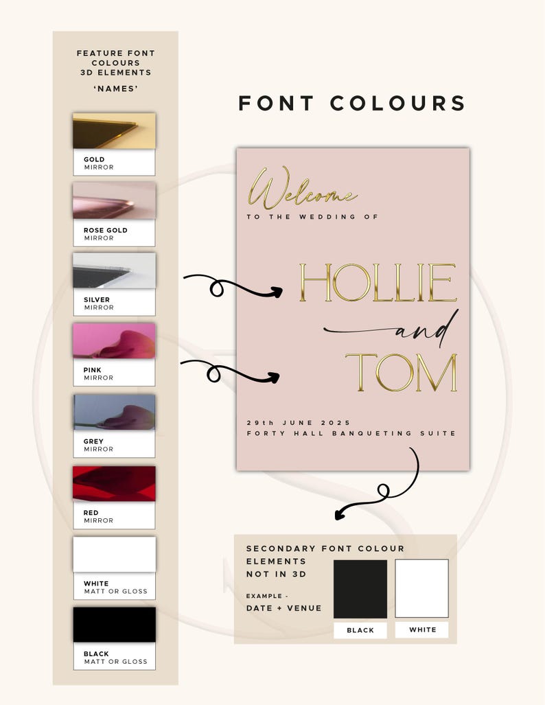 May include: A wedding sign with the words "Welcome to the wedding of Hollie and Tom" in gold lettering. The sign also includes the date, June 29th, 2025, and the venue. Color swatches show font options.