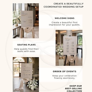 May include: A collection of wedding signage featuring welcome signs, seating plans, and order of events displays. Each sign is light-colored with dark text, presented on easels with draped fabric, and accompanied by white floral arrangements.