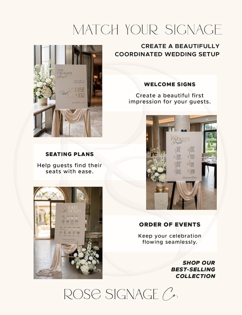 May include: A collection of wedding signage featuring welcome signs, seating plans, and order of events displays. Each sign is light-colored with dark text, presented on easels with draped fabric, and accompanied by white floral arrangements.