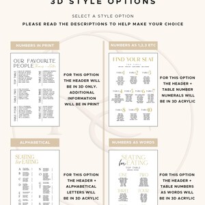 May include: A wedding seating chart with four style options: Numbers in Print, Numbers as 1,2,3, Alphabetical, and Numbers as Words. Each option includes text and design elements in gold and white.