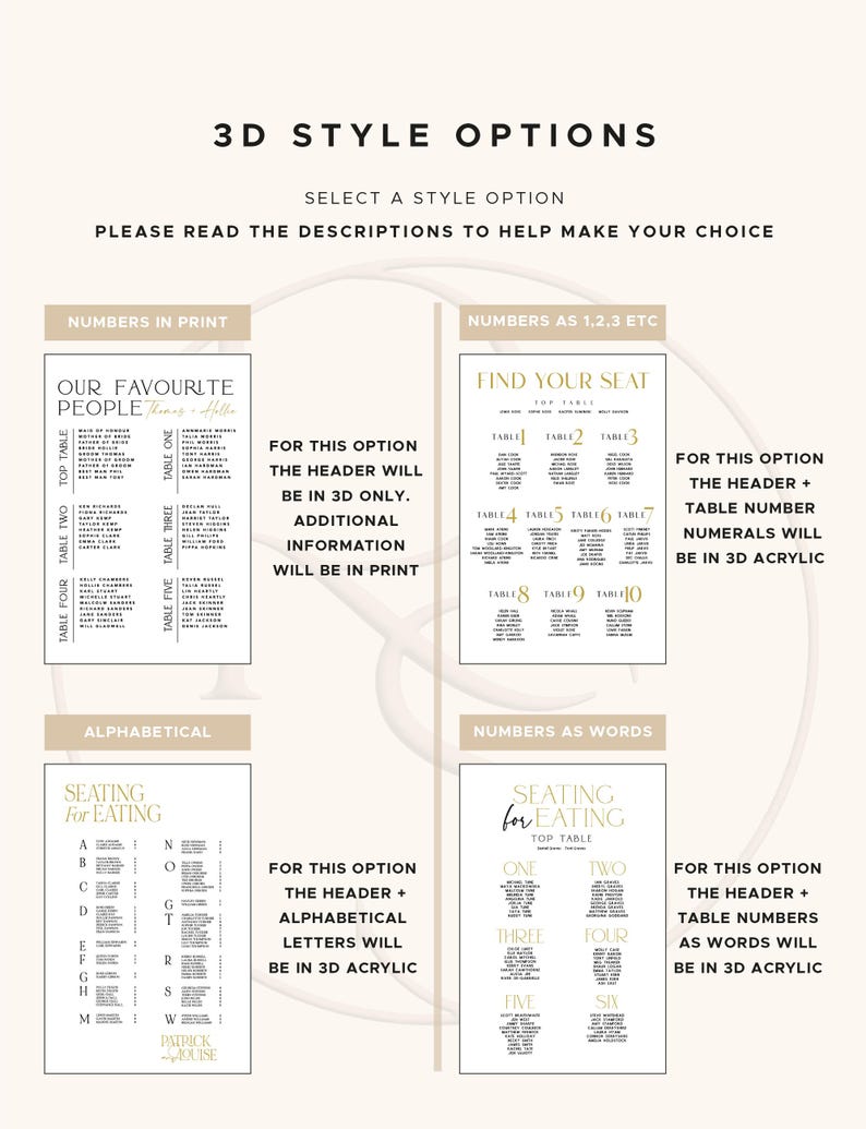 May include: A wedding seating chart with four style options: Numbers in Print, Numbers as 1,2,3, Alphabetical, and Numbers as Words. Each option includes text and design elements in gold and white.