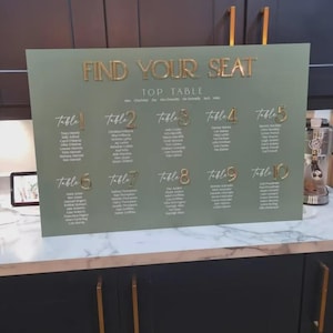 May include: A sage green wedding seating chart with gold lettering. The sign reads "FIND YOUR SEAT" and lists table numbers and guest names. The table numbers are in a gold, cursive font.