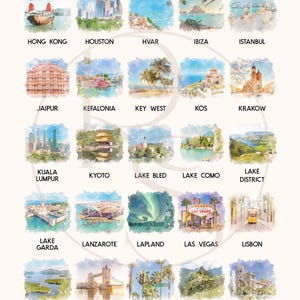 May include: A grid of twenty-five watercolor illustrations depicting global travel destinations, each labeled with its name including Hong Kong, Houston, Hvar, Ibiza, Istanbul, Jaipur, Kefalonia, Key West, Kos, Krakow, Kuala Lumpur, Kyoto, Lake Bled, Lake Como, Lake District, Lake Garda, Lanzarote, Lapland, Las Vegas, Lisbon, Loch Lomond, London, Los Angeles, Machu Picchu, and Madrid.