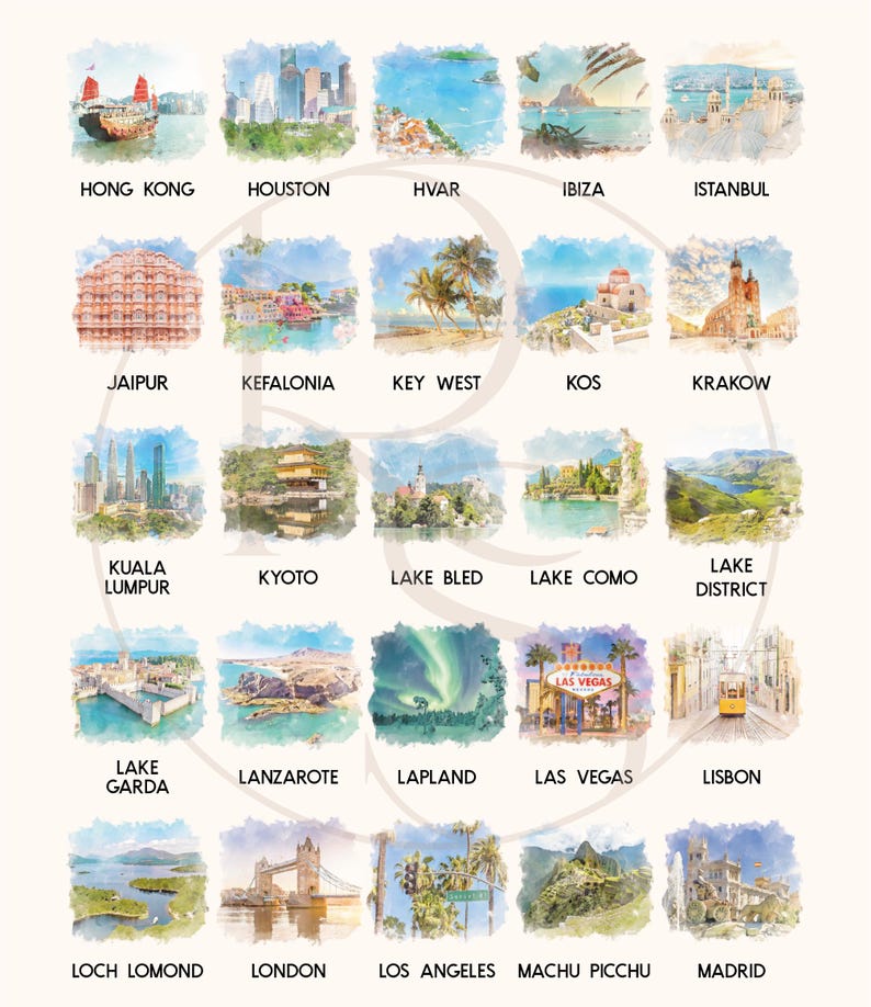 May include: A grid of twenty-five watercolor illustrations depicting global travel destinations, each labeled with its name including Hong Kong, Houston, Hvar, Ibiza, Istanbul, Jaipur, Kefalonia, Key West, Kos, Krakow, Kuala Lumpur, Kyoto, Lake Bled, Lake Como, Lake District, Lake Garda, Lanzarote, Lapland, Las Vegas, Lisbon, Loch Lomond, London, Los Angeles, Machu Picchu, and Madrid.