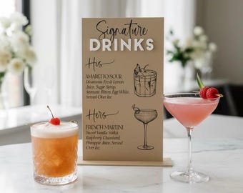 Signature Drinks Sign, His and Hers Cocktails, Acrylic Personalised Wedding Bar Menu Sign, A4