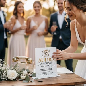 Puede incluir: Una escena de boda con un tel&eacute;fono dorado vintage y un letrero de "Audio Guestbook" en una mesa de madera. El letrero tiene un gr&aacute;fico de tel&eacute;fono retro e instrucciones. Rosas blancas y vegetaci&oacute;n decoran la mesa. Los invitados est&aacute;n en el fondo.