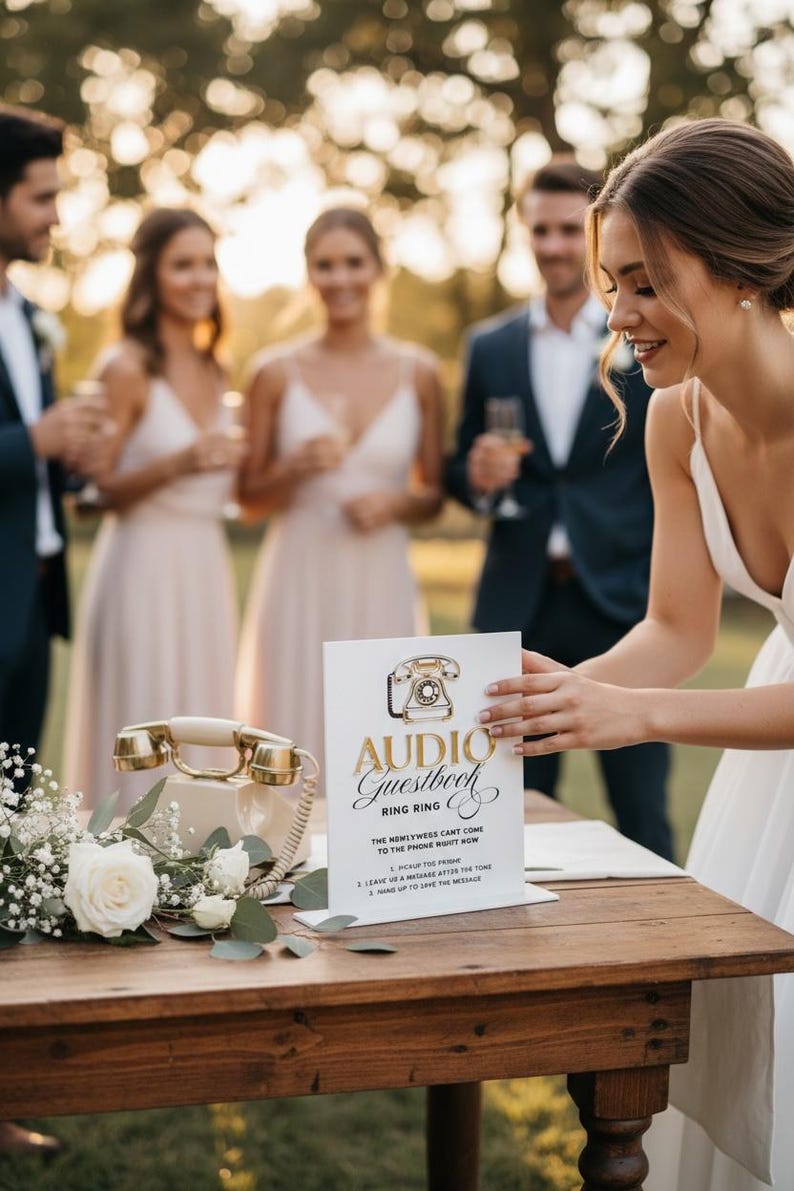 Puede incluir: Una escena de boda con un tel&eacute;fono dorado vintage y un letrero de "Audio Guestbook" en una mesa de madera. El letrero tiene un gr&aacute;fico de tel&eacute;fono retro e instrucciones. Rosas blancas y vegetaci&oacute;n decoran la mesa. Los invitados est&aacute;n en el fondo.