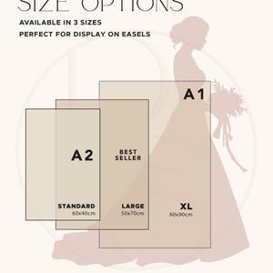 May include: A beige poster with the text "SIZE OPTIONS" and "AVAILABLE IN 3 SIZES". It shows three rectangular size options: A2 (60x40cm), Large (50x70cm), and XL (60x90cm). A silhouette of a bride is in the background.