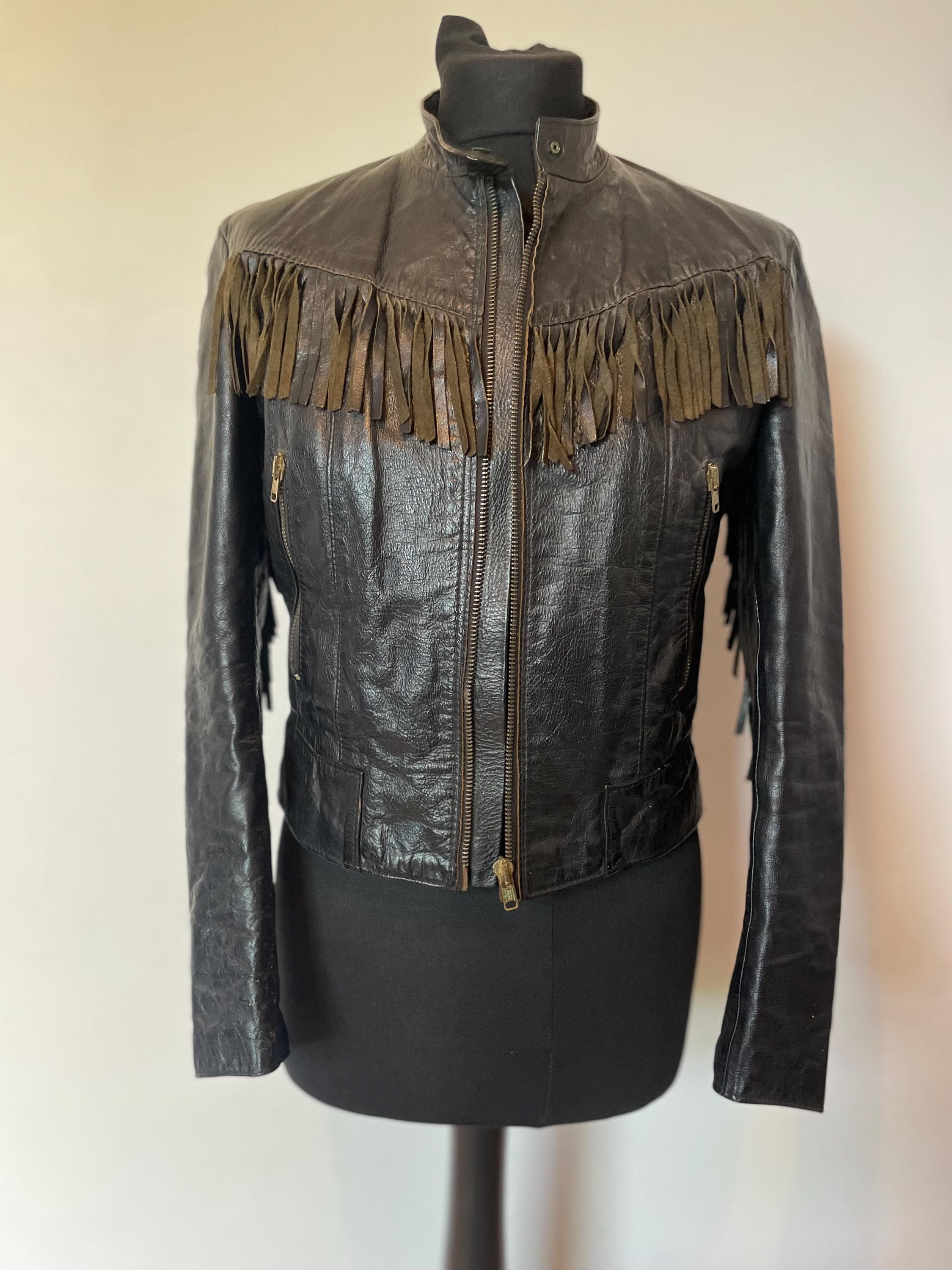Vintage 70's Motorcycle Leather Jacket AERO Zip XS S 6 8
