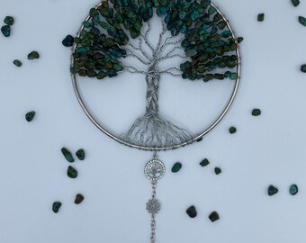 Gorgeous Raw Turquoise Tree of Life Suncatcher is a large 6 inches wide.  Semi precious stone chips.  40mm crystal ball.  Braided tree trunk