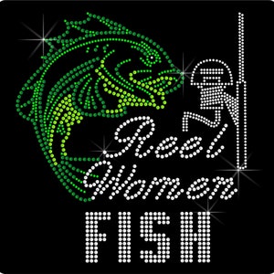 Reel Women Fish, Rhinestone Heat Transfer decal iron-on. ndk1867