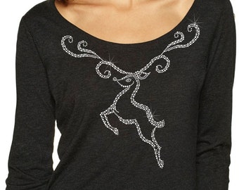 Genuine Swarovski® Reindeer Fitted Next Level Ladies' Triblend Long-Sleeve Scoop. ndk1274