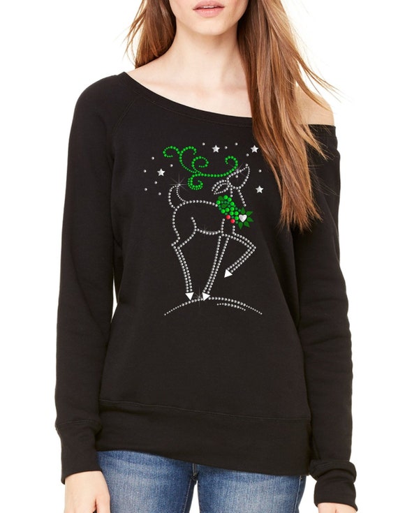 Genuine Swarovski Reindeer ® Bella + Canvas Ladies' Sponge Fleece Wide Neck Sweatshirt. ndk1273