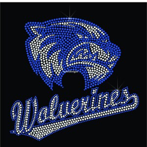 May include: Blue and white rhinestone design of a tiger head with the word "Wolverine" in white rhinestones.