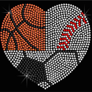 May include: A heart-shaped design made of rhinestones, with half of the heart representing a basketball and the other half representing a baseball. The basketball is orange and black, while the baseball is white with red stitching.