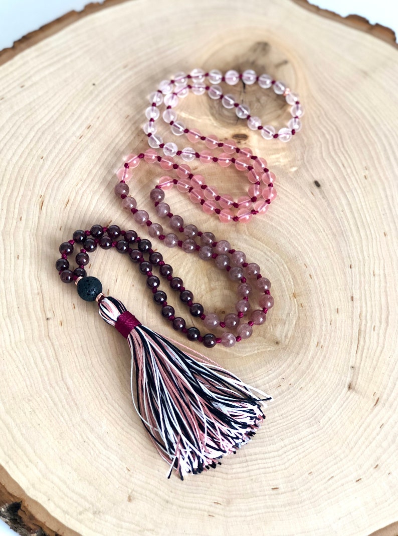 108 Mala Bead Garnet Diffuser Mala Necklace Rose Quartz MeditationYoga Necklace Strawberry and Cherry Quartz