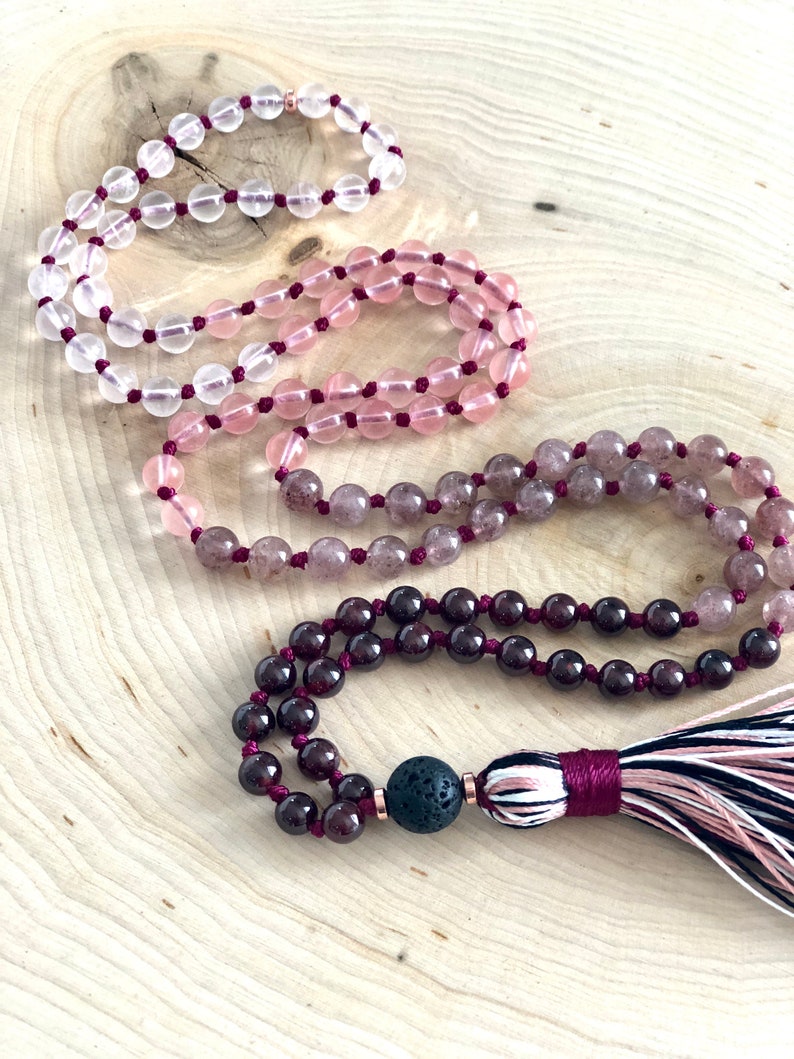 108 Mala Bead Garnet Diffuser Mala Necklace Rose Quartz MeditationYoga Necklace Strawberry and Cherry Quartz