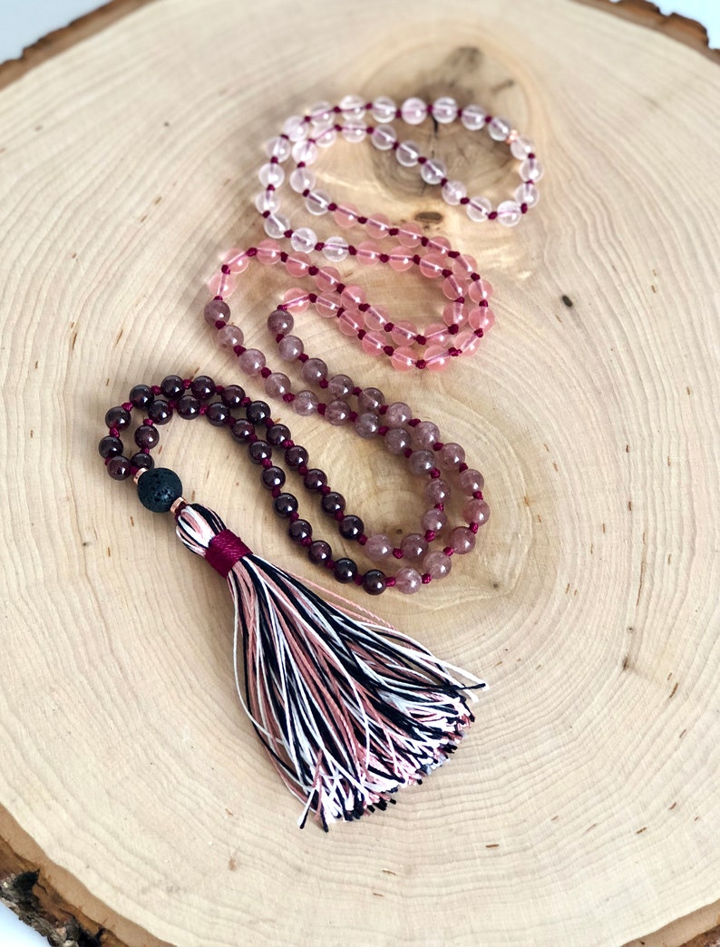 108 Mala Bead Garnet Diffuser Mala Necklace Rose Quartz MeditationYoga Necklace Strawberry and Cherry Quartz