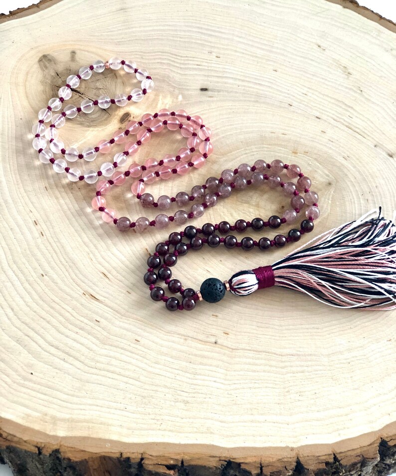 108 Mala Bead Garnet Diffuser Mala Necklace Rose Quartz MeditationYoga Necklace Strawberry and Cherry Quartz