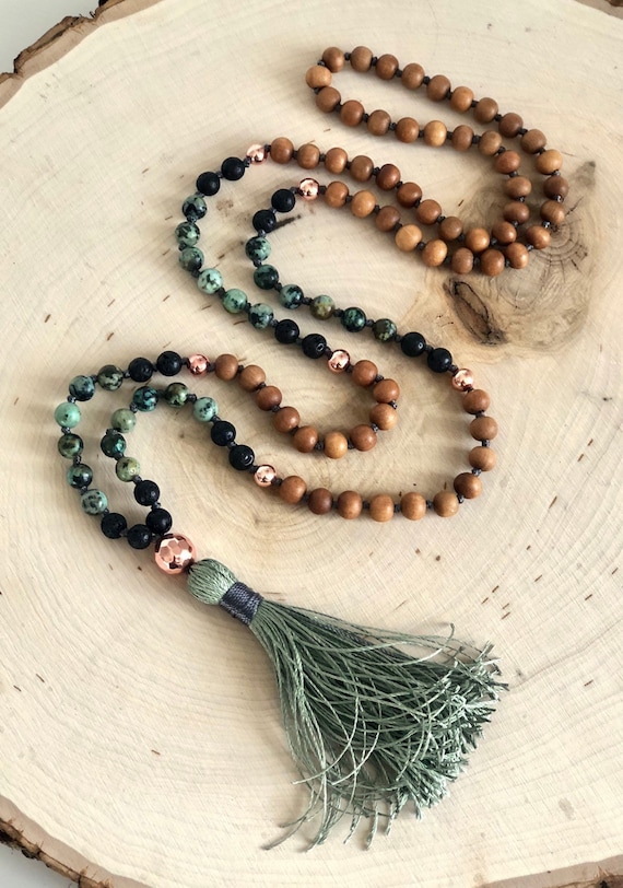 African Turquoise and Holite Hand knotted 108 Mala beads