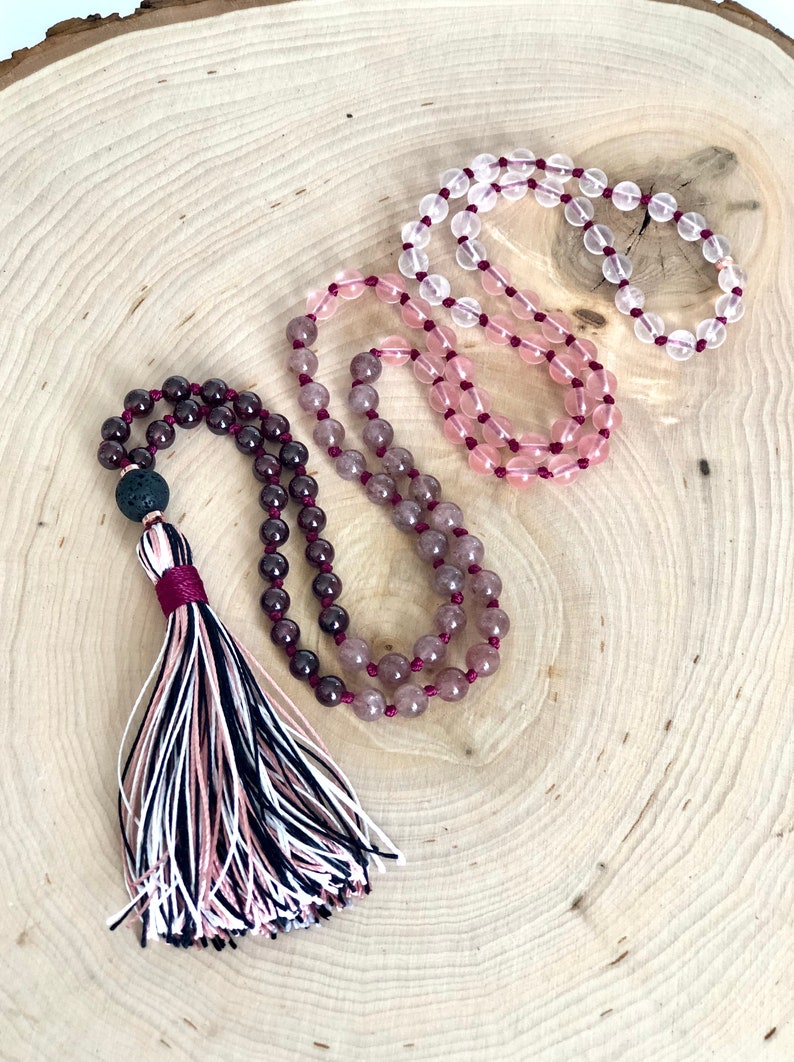 108 Mala Bead Garnet Diffuser Mala Necklace Rose Quartz MeditationYoga Necklace Strawberry and Cherry Quartz