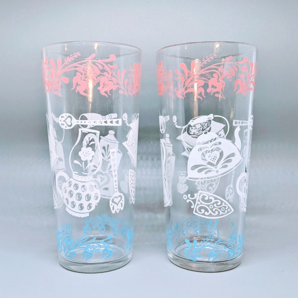 Vasos altos vintage Hazel Atlas con motivos de utensilios de cocina y aparatos para el hogar