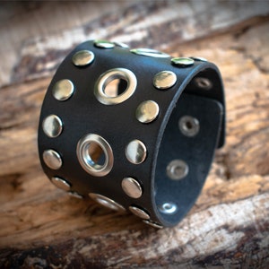 Genuine Leather Wristband Cuff Bracelet, Black Leather Bracelet with Metallic Elements, Cuff for men, Rock Style Leather Cuff