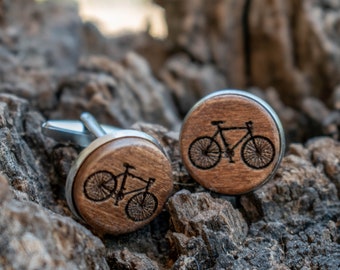 Boutons de manchette en bois gravés Vélos, Cadeau pour le marié, mari, petit ami, bois naturel de chêne