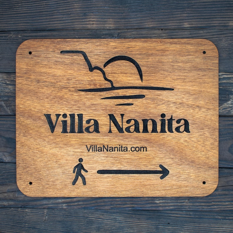 May include: A wooden sign with a sunset graphic and the text "Villa Nanita" and "VillaNanita.com". A walking person icon and an arrow point to the right.
