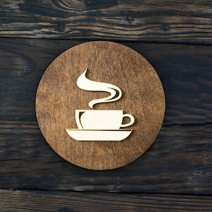 Round Wooden Sign Coffee, Professional Signage for Coffee Shop, Coffee Station Sign for Hotel, Apartment Complex, Airbnb, 3D Elements Design