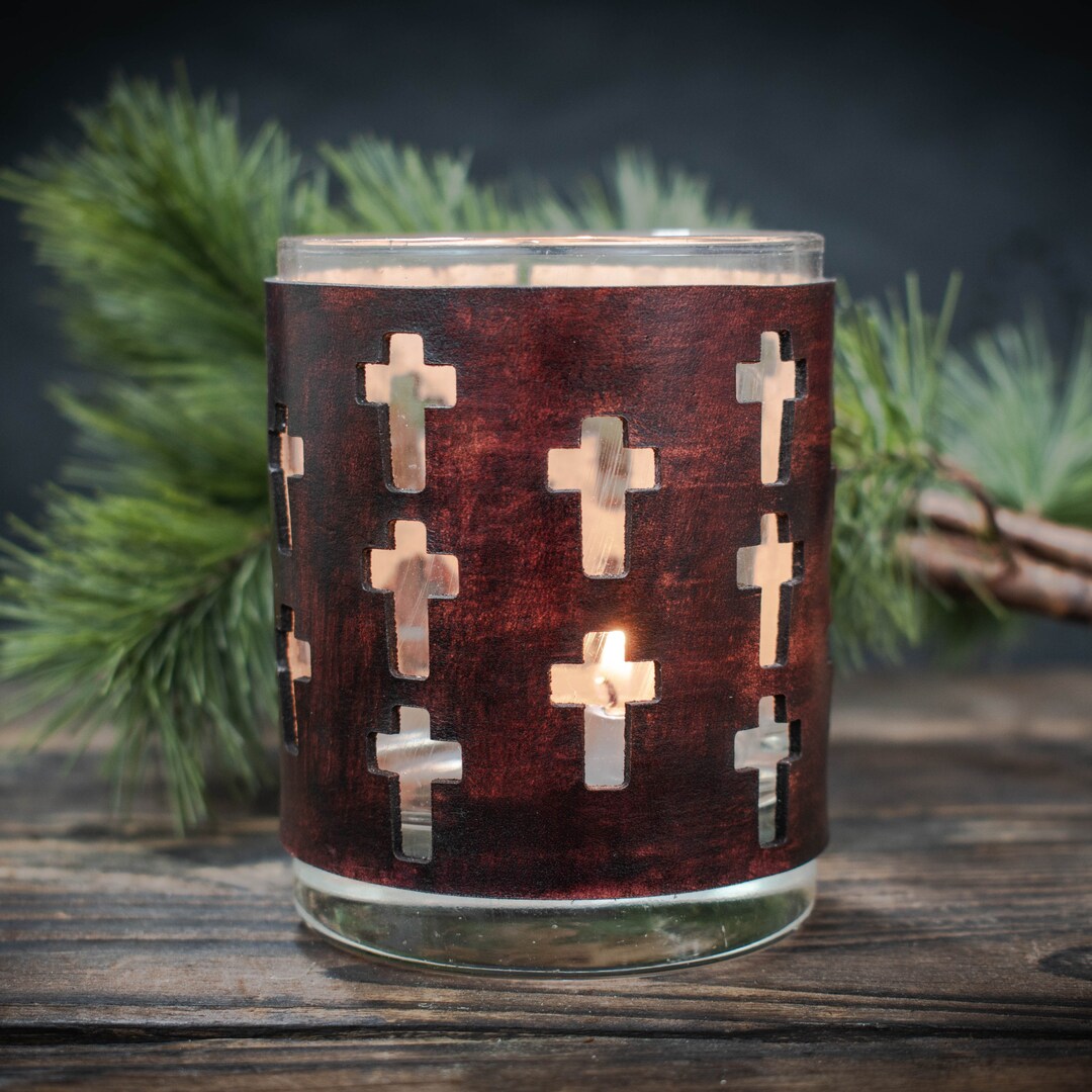 Leather and Glass Candle Holder, Crosses Leather Candle Cover