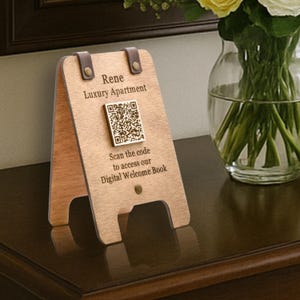 Handgefertigter Hölzerner WLAN- und Menü Qr-Code-Ständer, benutzerdefiniertes doppelseitiges Tischschild, Restaurant, Hotel, Airbnb-Schild