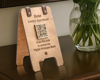 Soporte de madera hecho a mano con código QR para wifi y menú, letrero de mesa personalizado de doble cara para restaurante, hotel y Airbnb.