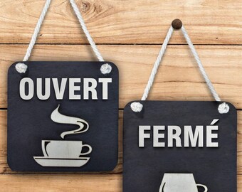 French Ouvert Fermet Wooden Sign for Coffee Shop, Double Sided Sign For Store Door, Custom Open Closed Sign