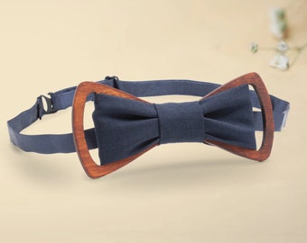 Wooden Bow Tie with Denim Fabric, Walnut Wood, Bow ties For Weddings, Engagements, Special Occasions