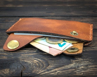 Portefeuille mince en cuir, fait à la main, portefeuille en cuir cousu à la main pour cartes et argent, portefeuille mince léger, portefeuille de cartes,