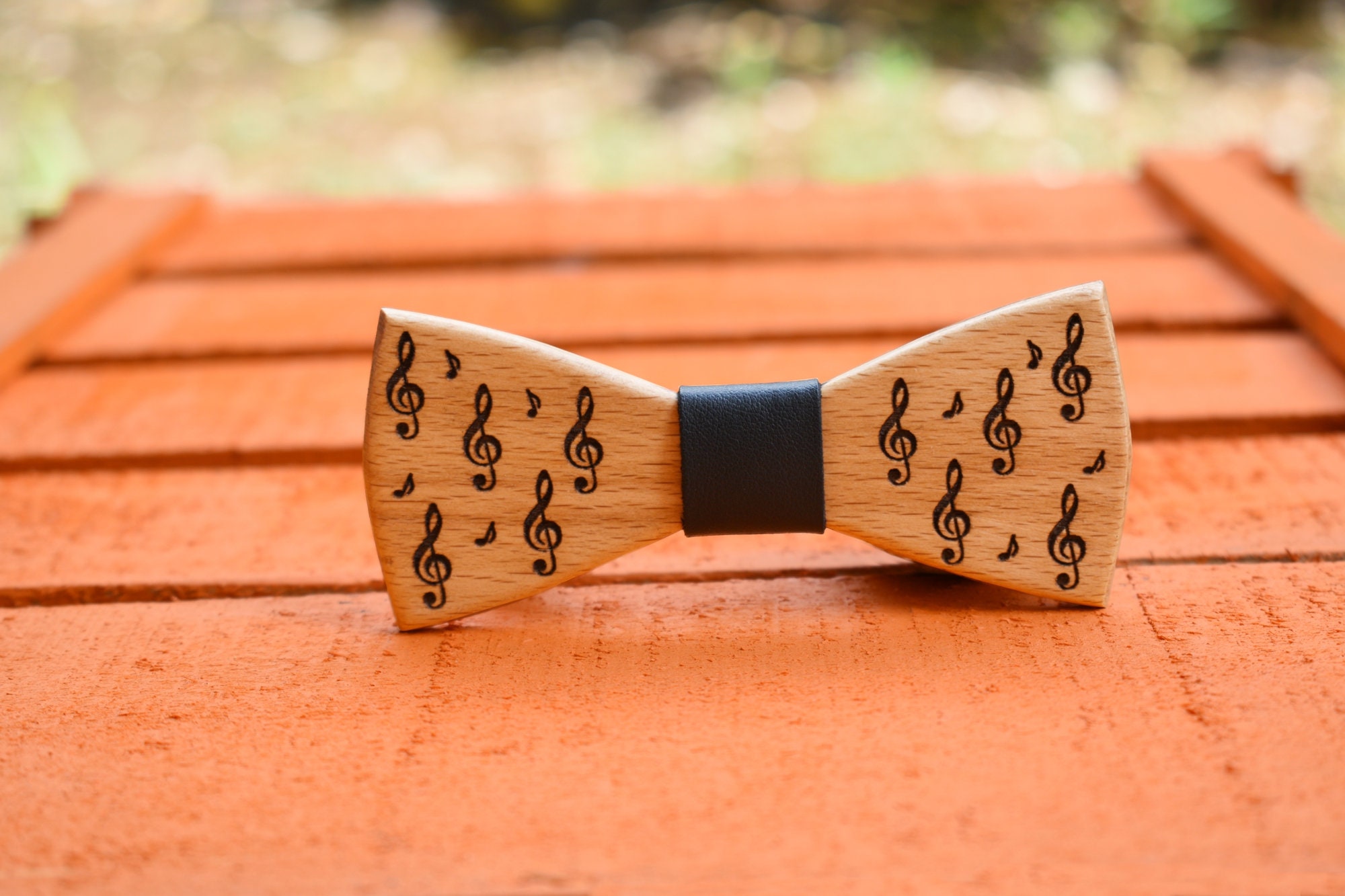 Engraved Wooden Bow Tie with PU Leather Musical theme Oak | Etsy